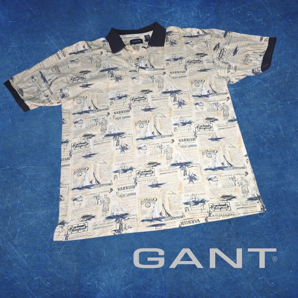 Gant Mens Nautical Yachting‎ Newsprint Sailing Polo Shirt Cream Navy XL